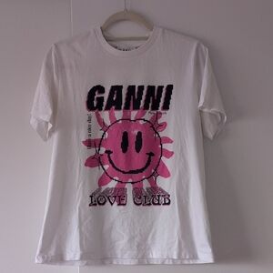 Ganni Kids White Tee with Pink Smiley Graphic